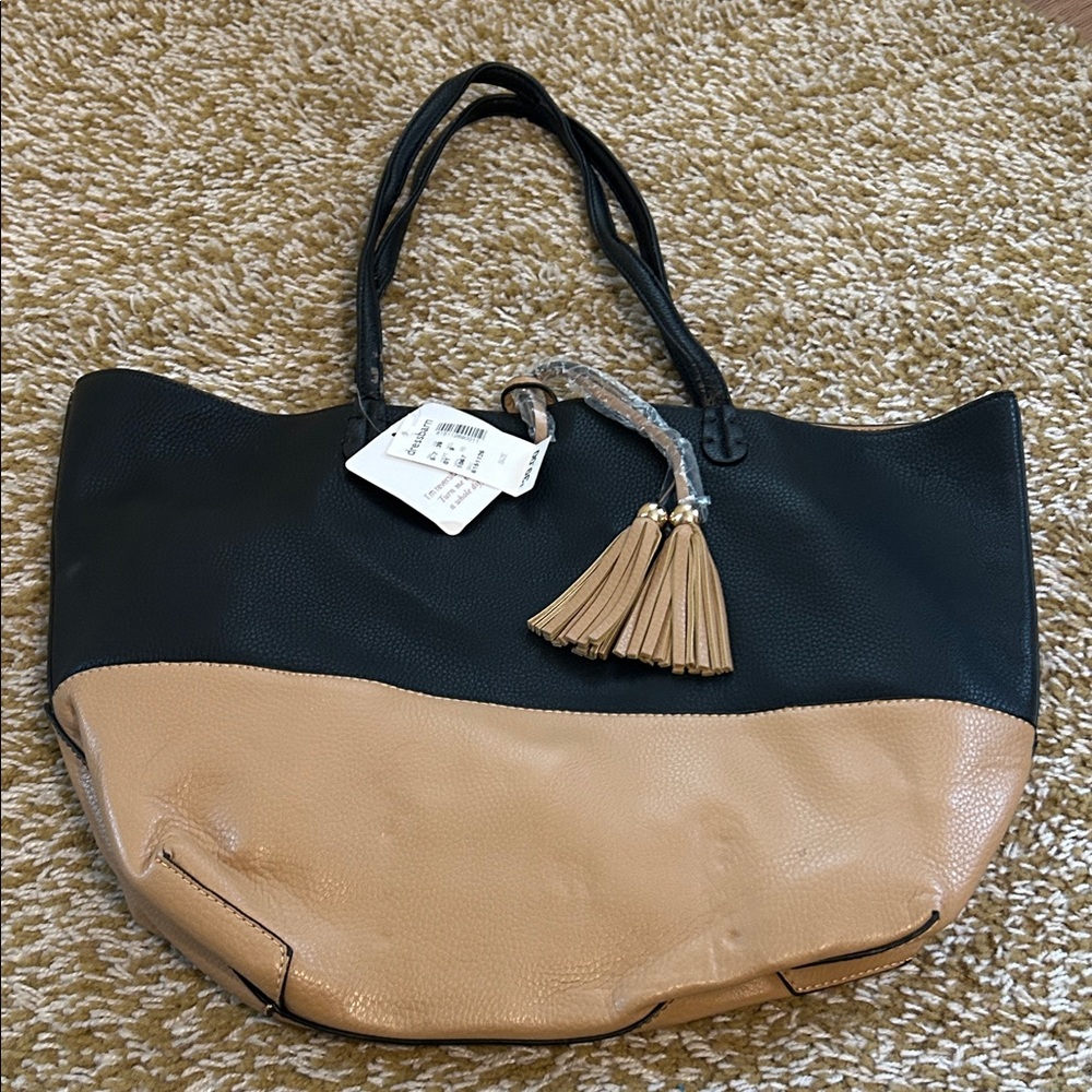 Dress Barn Black and Tan Tote Bag with Tassel
